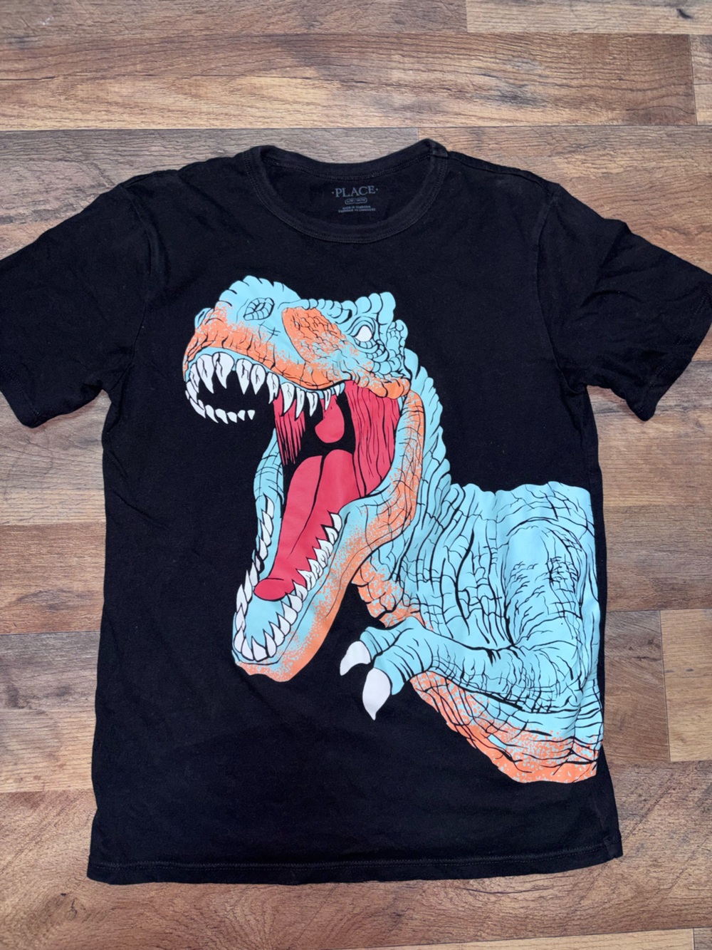 Childrenโs Place Black Short-Sleeve Tee with Blue & Orange Dinosaur L 10-12